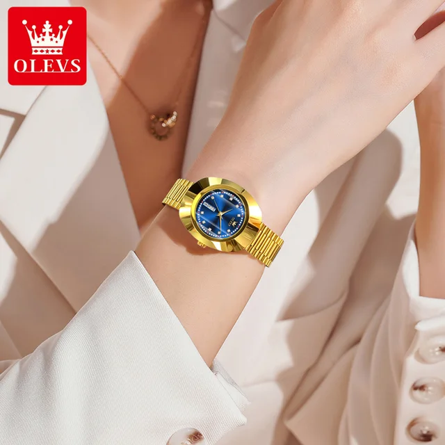 OLEVS-Montre à Quartz de Marque de Luxe pour Femme, Étanche, Surface Miroir Prismatique, Calendrier, Cadran Diamant, Mode Golde 2