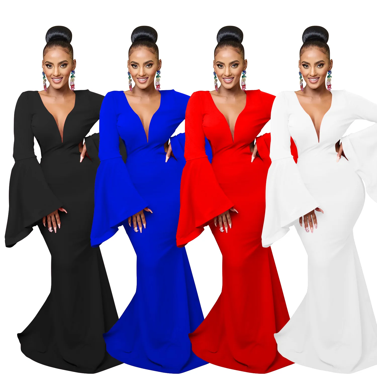 Fashion Women Mermaid Dress Sexy Deep V-neck Backless Bell Sleeves Long Dress for Party Charming Ladies Gowns Floor Length
Fashion Women Mermaid Dress Sexy Deep V-neck Backless Bell Sleeves Long Dress for Party Charming Ladies Gowns Floor Length