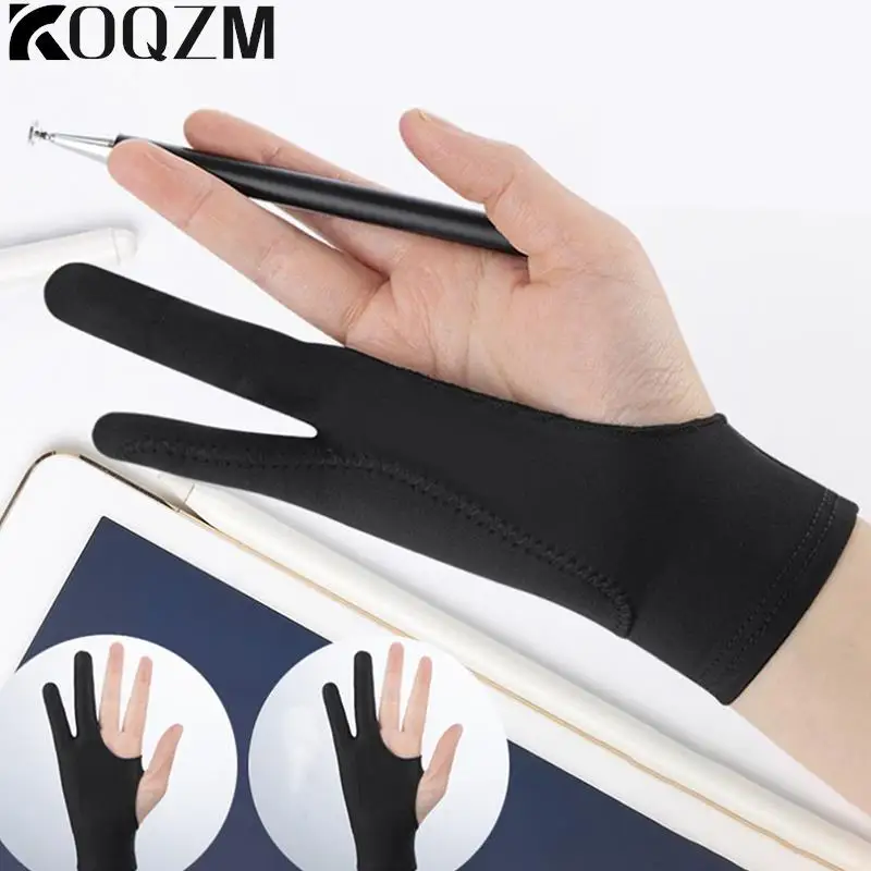 

1X Artist Drawing Glove For Any Graphics Drawing Tablet Black 2 Finger Anti-fouling Both For Right And Left Hand Black Free Size