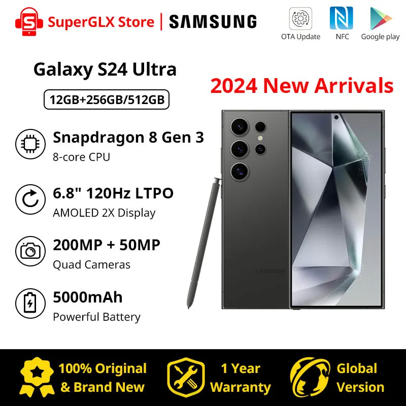 

2024 New Samsung Galaxy S24 Ultra 5G Smartphone 256GB/512GB Snapdragon 8 Gen 3 120Hz LTPO AMOLED Display 200MP Quad Cameras IP68