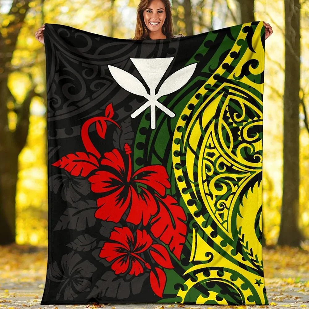 

HX Fashion Flannel Blankets 3D Graphics Polynesia Hibiscus Printed Throw Blanket Keep Warm Travel Quilt Blankets for Beds