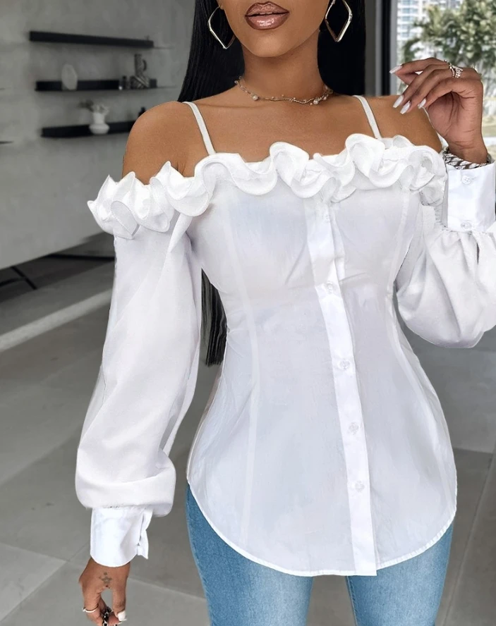 

Elegant Woman Blouse 2024 Spring Sexy Ruffle Hem Buttoned Off Shoulder Top Daily White Long Sleeved Slim Fit Blouse Y2K Clothing