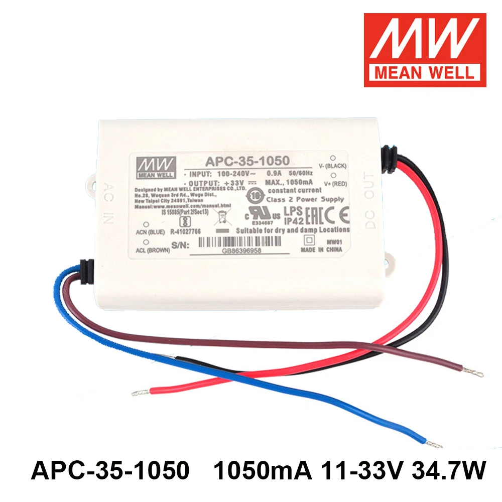 

MEAN WELL APC-35-1050 90-264V AC TO DC11-33V 1050mA 34.7W Constant Current Switching Power Supply Meanwell LED Light Transformer