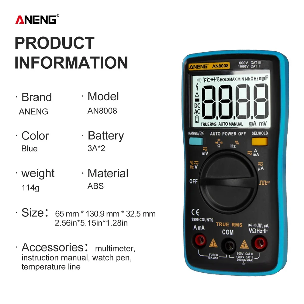 Цифровой мультиметр ANENG AN8008, 9999 отсчетов, True-RMS, квадратная волна, подсветка, амперметр напряжения постоянного и переменного тока, Ток Ом, автоматический/ручной
Цифровой мультиметр ANENG AN8008, 9999 отсчетов, True-RMS, квадратная волна, подсветка, амперметр напряжения постоянного и переменного тока, Ток Ом, автоматический/ручной