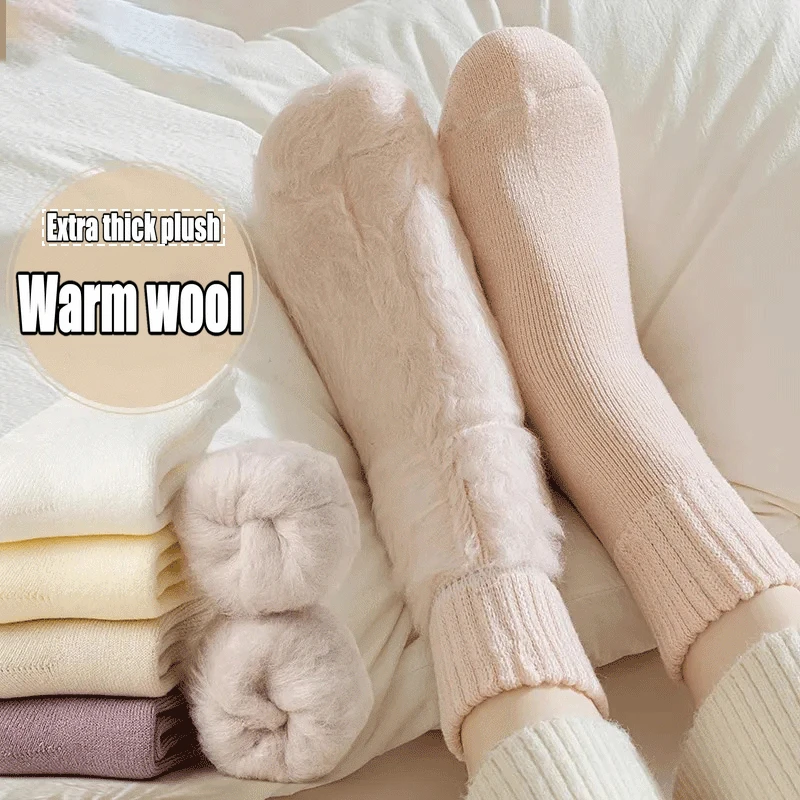 

Winter Women’s Thickened Warm Merino Wool Socks Plus Long High Quality Cashmere Socks Harajuku Retro Casual Terry Snow Sock