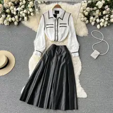 Women Fashion Outfits Spring Vintage Long Sleeve Chain Blouse Shirt Tops & PU Faux Leather Pleated Skirt Elegant Office Lady New
Women Fashion Outfits Spring Vintage Long Sleeve Chain Blouse Shirt Tops & PU Faux Leather Pleated Skirt Elegant Office Lady New