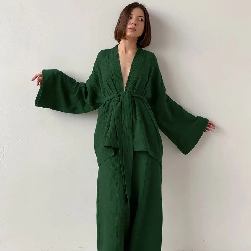 100% Cotton Women's Sleepwear Kimono Pajamas Sets Flare Solid Drop Sleeves Trouser Suits 2 Pieces Bathrobe Mujer Spring Autumn
100% Cotton Women's Sleepwear Kimono Pajamas Sets Flare Solid Drop Sleeves Trouser Suits 2 Pieces Bathrobe Mujer Spring Autumn