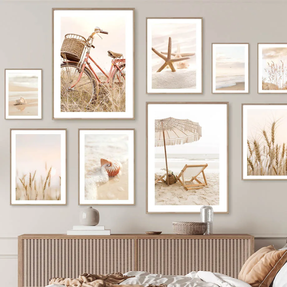 

Beige Beach Chair Waves Conch Reed Wheat Bike Wall Art Canvas Painting Nordic Posters And Prints Pictures For Living Room Decor