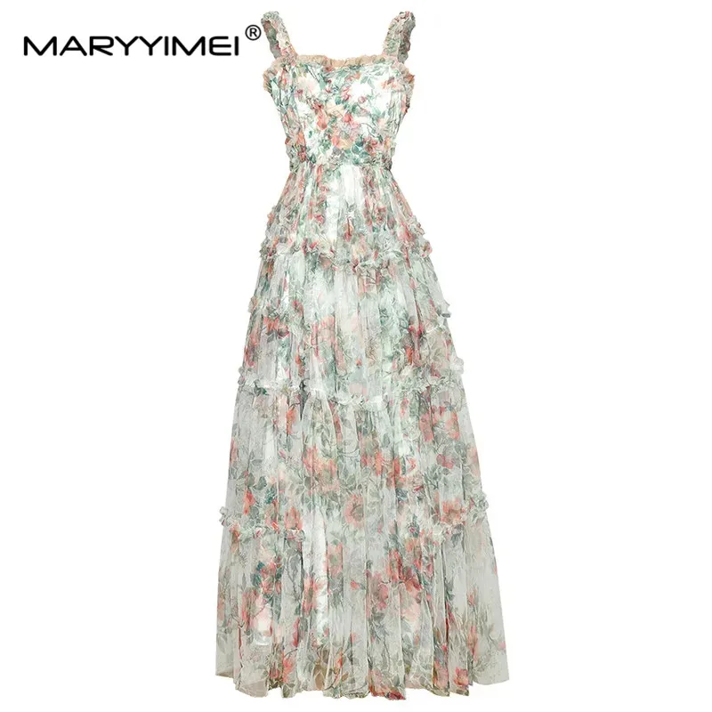 

MARYYIMEI Fashion Designer dress Summer Women Dress Sexy Spaghetti strap Mesh Floral print Vacation Party Elegant Dresses