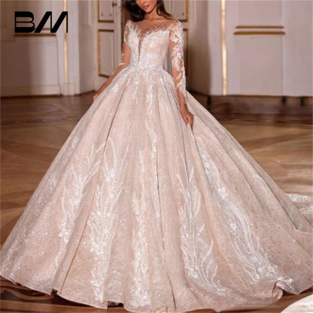 

Luxury Ball Gown Wedding Dress With Long Illusion Sleeves Embroidered Lace Appliques Vestidos De Novia Court Train