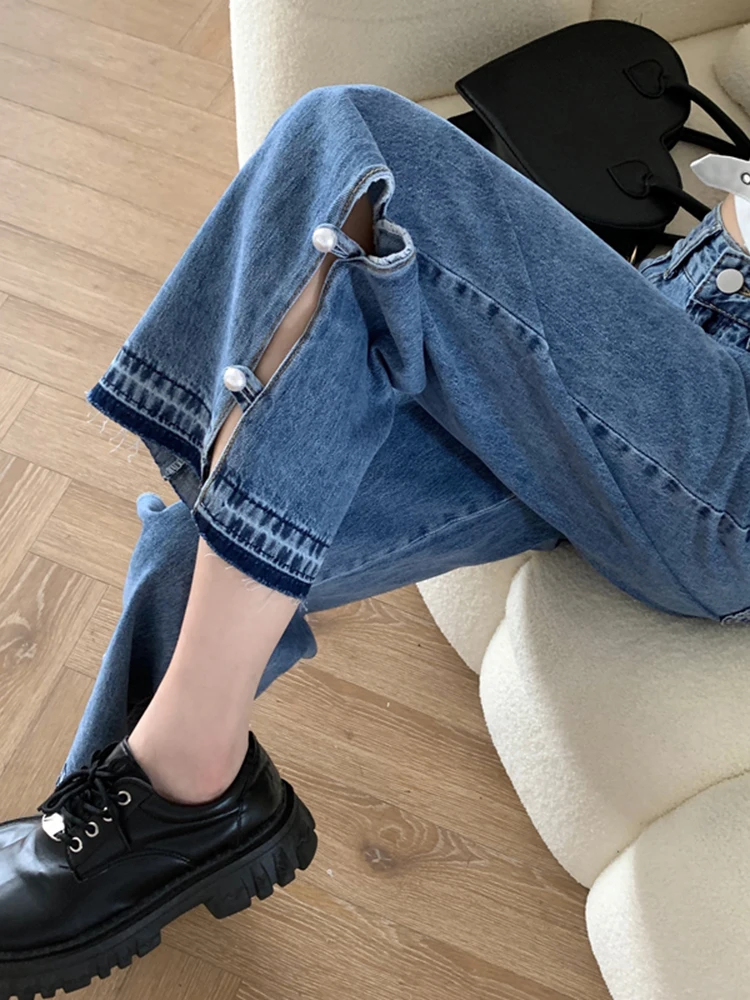 

Vintage Side-Slit Buttons Jeans Women Straight Stylish Flares Casual Streetwear Denim Pants 2023 Baggy Pantalon Mujer High Waist