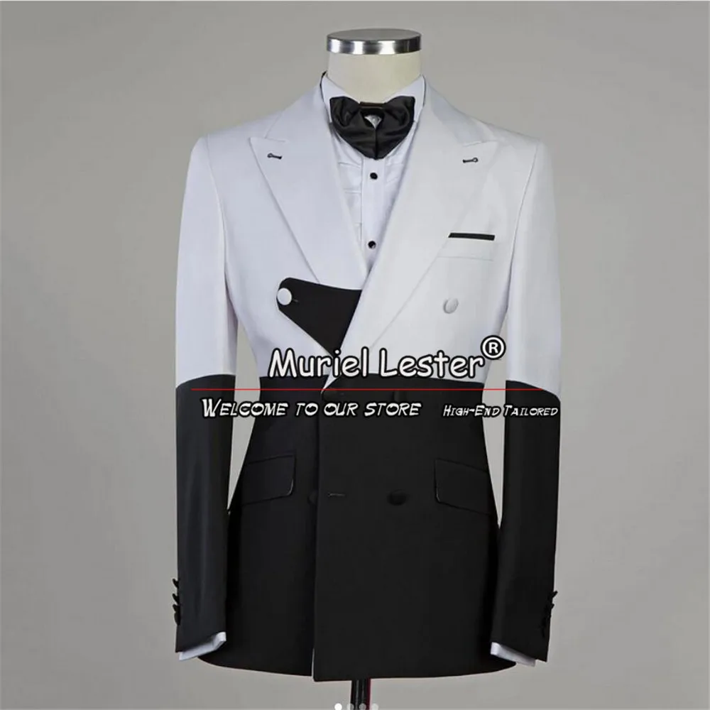 

Elegant Splicing Royal Black Suit Men For Wedding Double Breasted Jacket Pants 2 Pcs Banquet Prom Party Groom Tuxedos Tailored