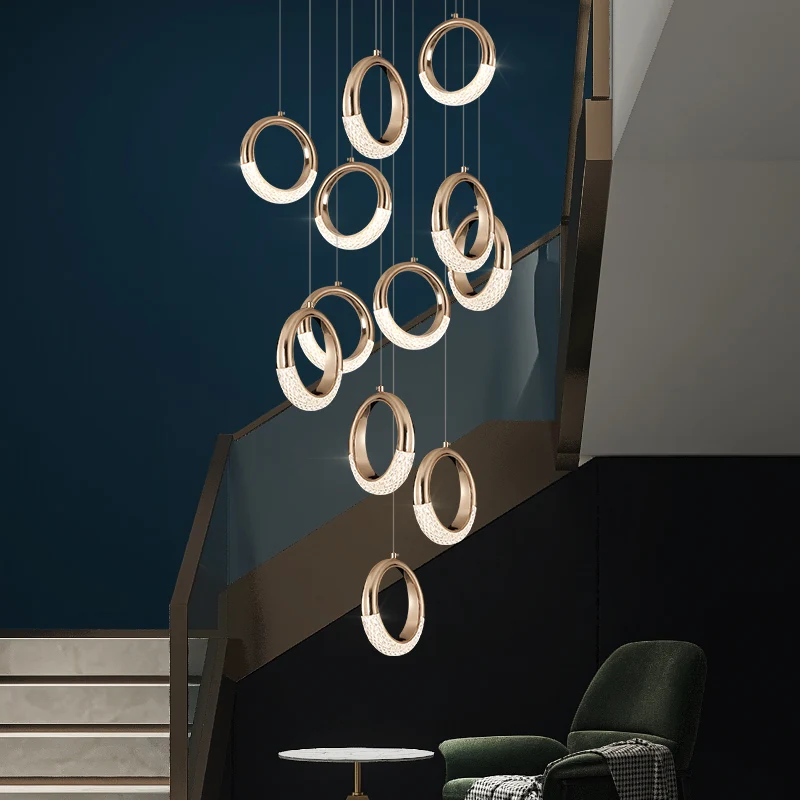 

Modern Circle Ring Led Stair Chandelier Luxury Acrylic Pendant Lights Duplex Villa Loft Living Room Lustre Hanging Lamps Fixture