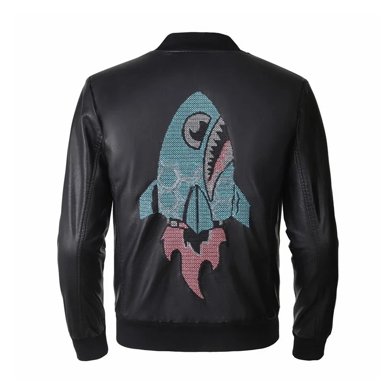 

Men's Jacket Autumn Winter New Fashion Brand Shark Rocket Rhinestone Jackets High Quality Faux PU Leather Jackets For Men's