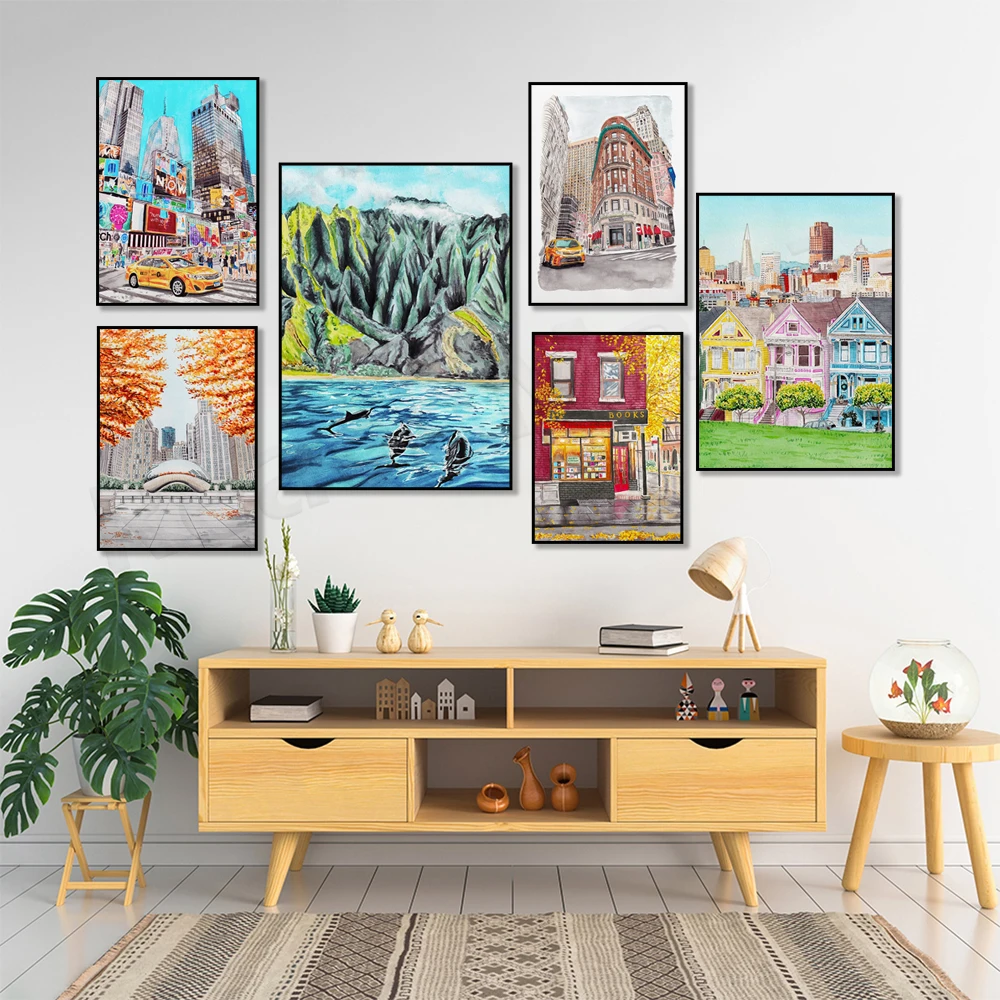 

Watercolor travel poster of Manhattan, Brooklyn, Alamo Square Park, Arizona, Havasu Falls, Austin Texas, Quebec, Philadelphia