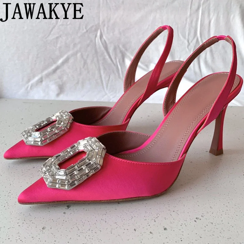 

2023 Summer JAWAKYE Sexy Satin Women's sandals Pointy Toe Crystal Party Vacation Pumps Brand High heels Wedding Sandals Women