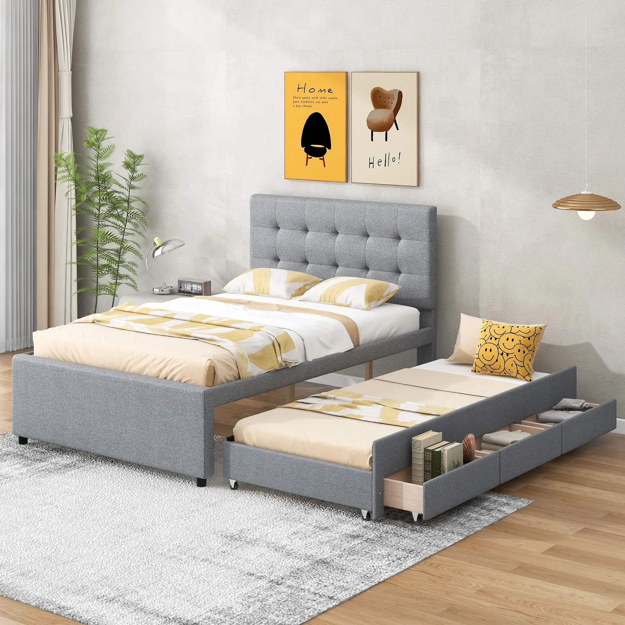 Full Size Upholstered Platform Bed with Pull-out Twin Size Trundle and 3 Drawers, Gray
Full Size Upholstered Platform Bed with Pull-out Twin Size Trundle and 3 Drawers, Gray