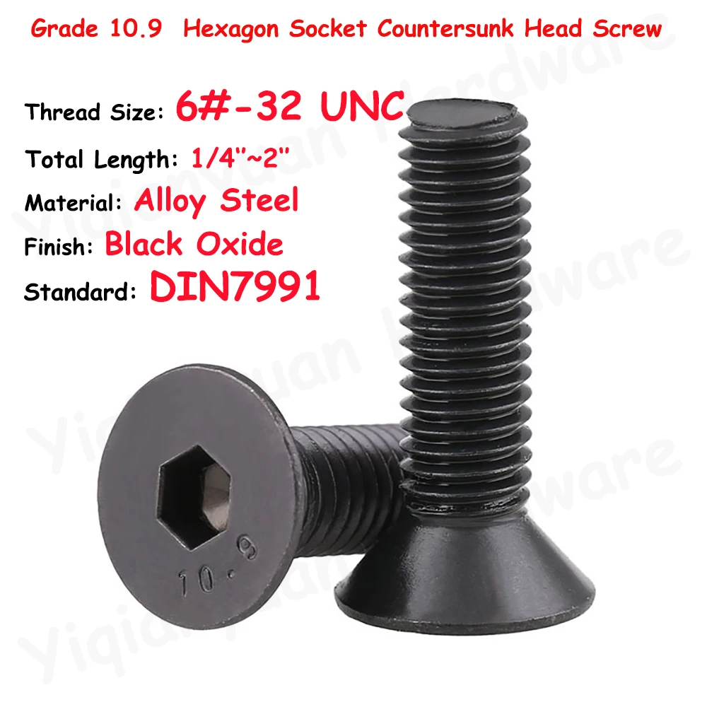 

DIN7991 6#-32 UNC Thread Grade 10.9 Alloy Steel Hexagon Socket Countersunk Head Cap Screws Black Oxide Allen Key Flat Bolts