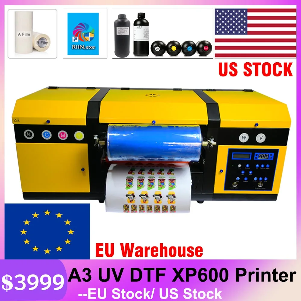 

US STOCK ACHI A3 UV DTF Printer Sticker Printer Double XP600 Printer A3 Printer Software + AB film +6*500ML INK EU Warehouse