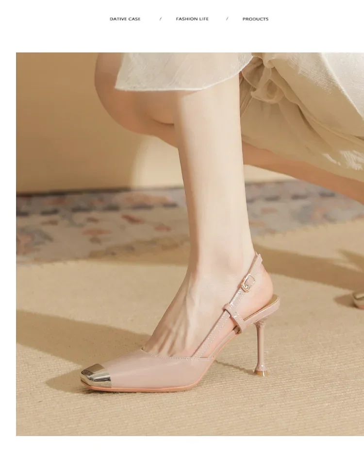 Fashion Square Toe Thin High Heels Women Metal Decoration Cover Toe Design Back Strap Patent Leather Heeled Sandals for Women 4 Se8744b003a814b6aa562d9c51476e9e72