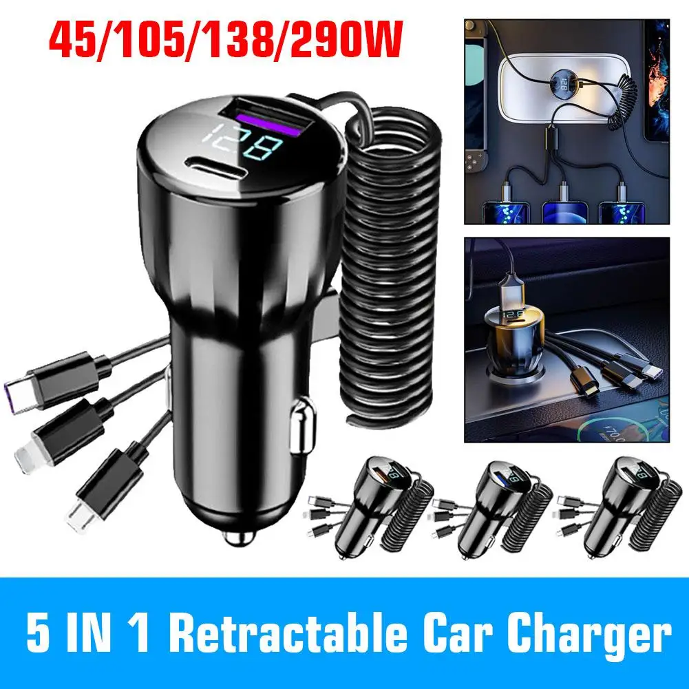 5 IN 1 Retractable Car Charger USB Type C Cable For IPhone Samsung Fast Charge Cord Cigarette Lighter Adapter P0U1
5 IN 1 Retractable Car Charger USB Type C Cable For IPhone Samsung Fast Charge Cord Cigarette Lighter Adapter P0U1