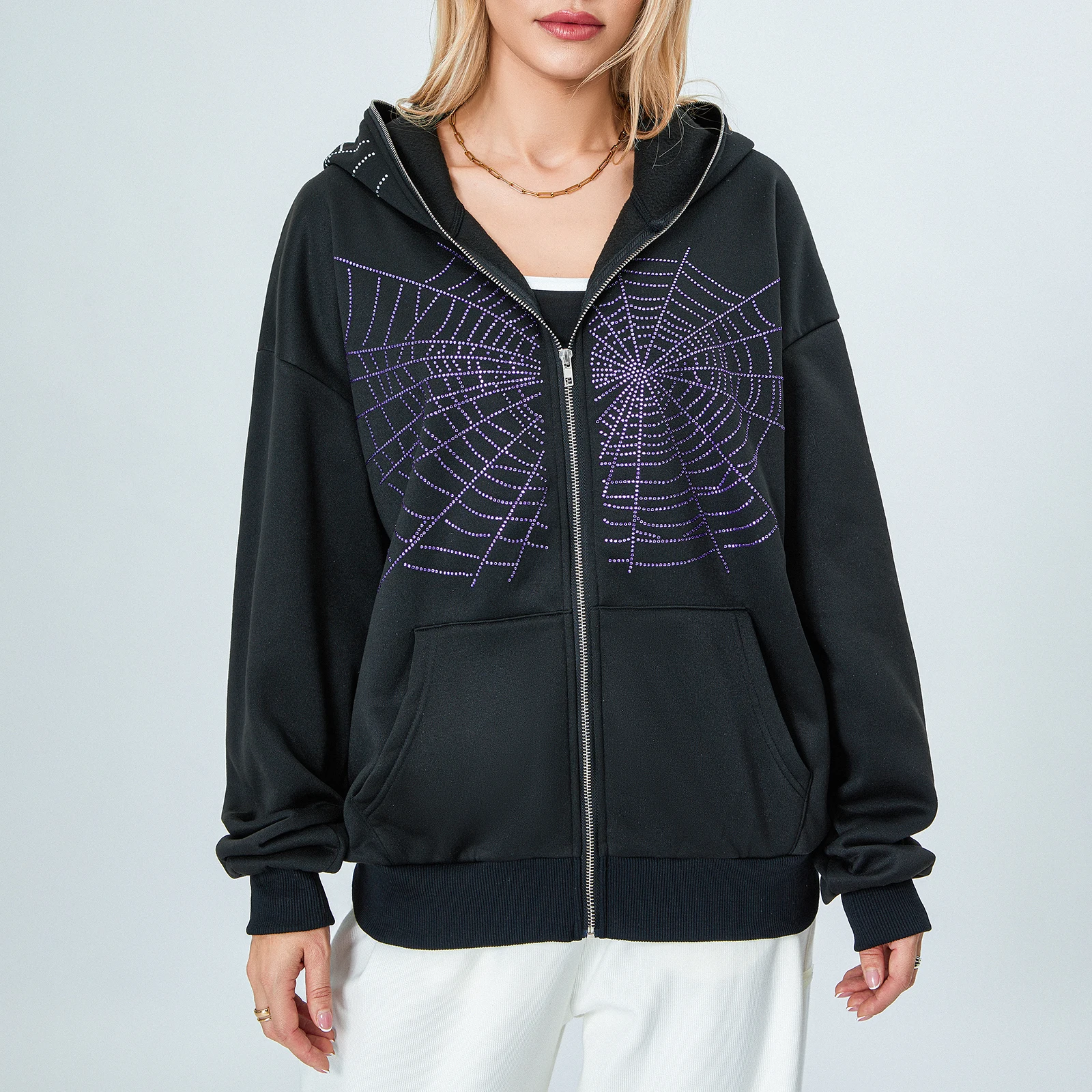Women Hooded Sweatshirt Jacket Casual Long Sleeve Rhinestone Spider Web Print Full Zip Hoodies for Autumn Streetwear
Women Hooded Sweatshirt Jacket Casual Long Sleeve Rhinestone Spider Web Print Full Zip Hoodies for Autumn Streetwear