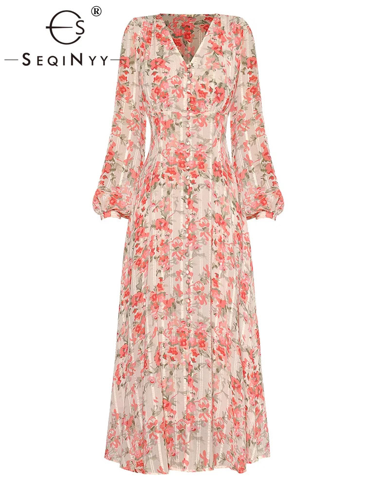 

SEQINYY Elegant Midi Dress Summer Spring New Fashion Design Women Runway Lantern Sleeve Vintage Flower Print Button Casual