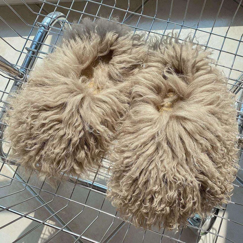 

New Design Winter Fashion Sheep Fur Slippers Curly Long Hair Real Mongolian Fur Slides For Women