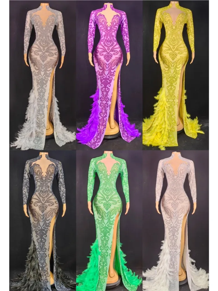 

Custom Sparkling Feather Diamonds Sexy Slit Long Evening Dresses Plus Size Women's Clothing For Party