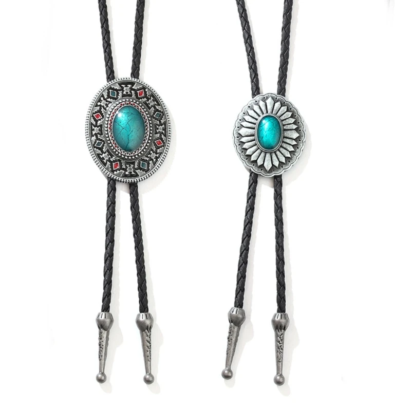 

Bolo Tie for Men Western Cowboy Style Necktie with Carved Turquoise Buckle Gentleman Formal Meeting Costume Accessories