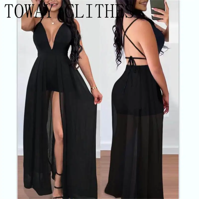 

Women Sexy Summer Solid Color Crisscross Backless Plunge Skort Romper Playsuits