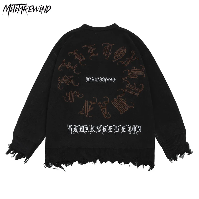 Hip Hop Streetwear Vintage Ripped Sweater Men Pullover Skeleton Jacquard Printed High Street Fashion Ripped Hem Knitted Sweater
Hip Hop Streetwear Vintage Ripped Sweater Men Pullover Skeleton Jacquard Printed High Street Fashion Ripped Hem Knitted Sweater