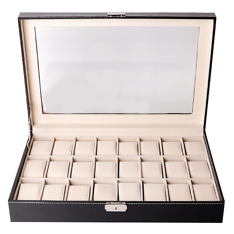 

Watch Box Organizer Watch Case For Men Women Pu Leather 24 Slots For Display Storage Watch Holder With Glass Top Lockable Black