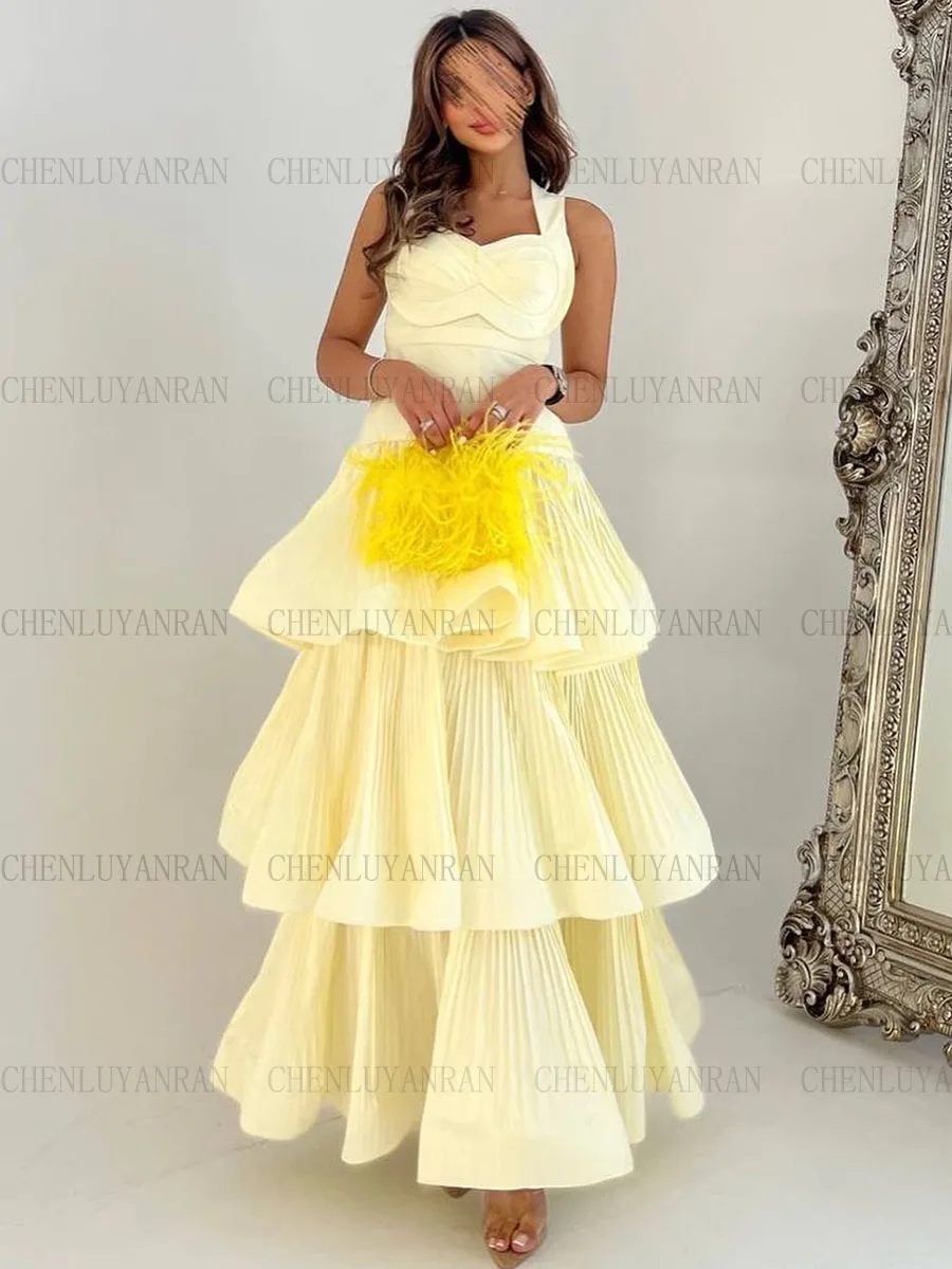 

Yellow Tiered Fashion Formal Occasion Dresses 2023 Sweetheart Long Party Dress Spaghetti Strap Sexy Evening Gowns فساتين حفلات