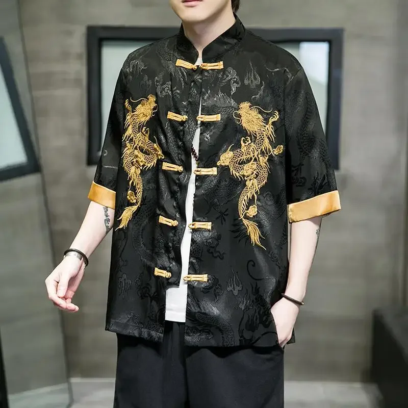 Summer Fashion Stand Collar Dragon Embroidered Ice Silk Mid Sleeve Tang Suit Shirt Pants Men Gothic Style Casual Kung Fu Top
Summer Fashion Stand Collar Dragon Embroidered Ice Silk Mid Sleeve Tang Suit Shirt Pants Men Gothic Style Casual Kung Fu Top