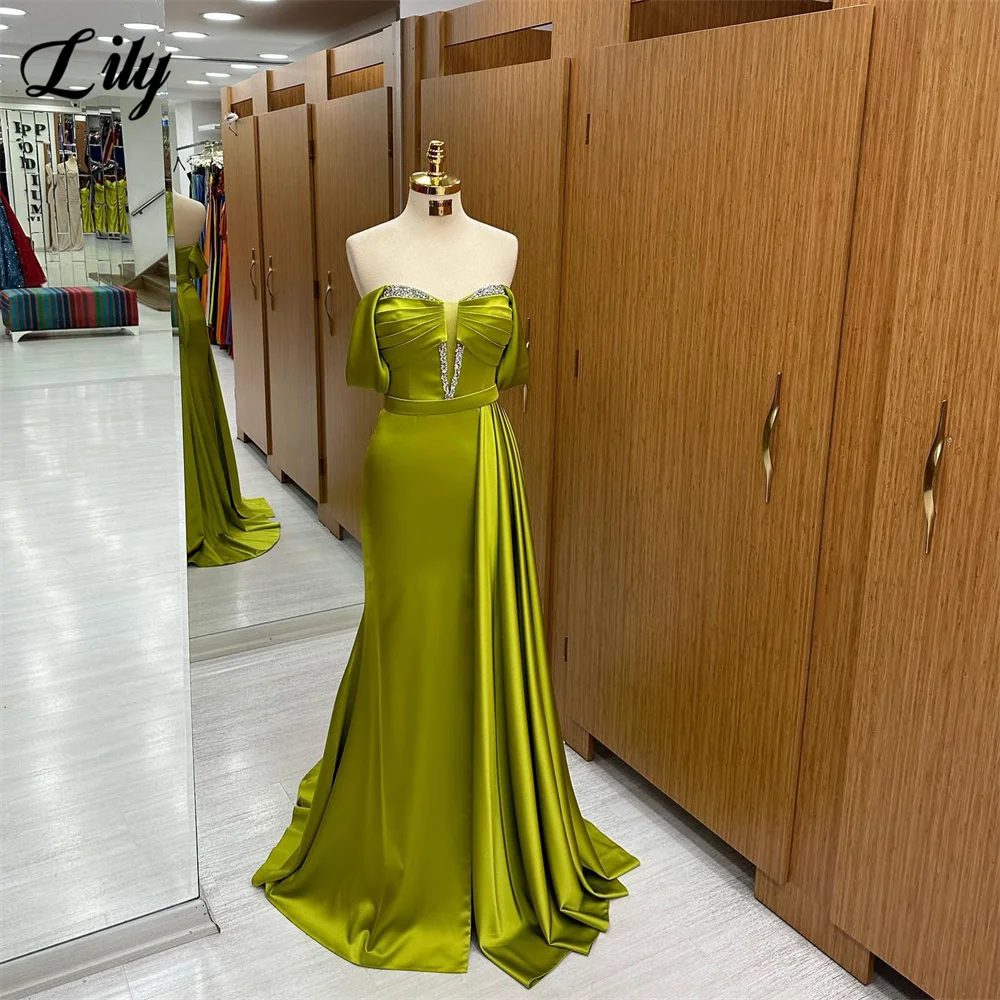 

Lily Olive Green Prom Dress Chic Off The Shoulder Evening Dress Sexy Mermaid Satin Party Dress With Pleats Crystal فستان سهرة