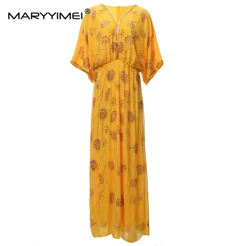 MARYYIMEI New Fashion Runway Designer Women's V-Neck Puff Sleeve String Of Beads Sequin Shiny Splice Type High Street Dress
MARYYIMEI New Fashion Runway Designer Women's V-Neck Puff Sleeve String Of Beads Sequin Shiny Splice Type High Street Dress