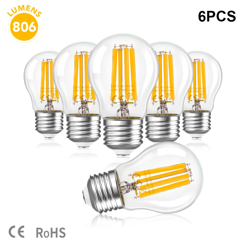 

G45 Ultra Bright 806lm Edison LED Filament Globe Bulbs Deep Dimmable E27 6.5W Lamp Vintage Glass Light Bubble Ball Decor Bulb