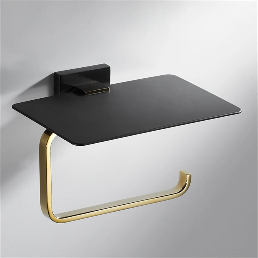 Wall Mounted Black and Gold Toilet Paper Holder Tissue Copper Roll Paper Holder With Phone Storage Shelf Bathroom Accessories
Wall Mounted Black and Gold Toilet Paper Holder Tissue Copper Roll Paper Holder With Phone Storage Shelf Bathroom Accessories