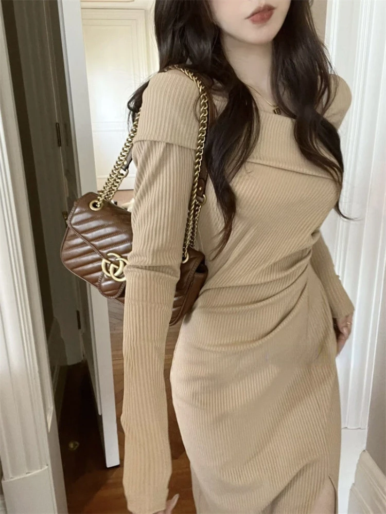 

Deeptown Vintage Coquette Khaki Midi Tunic Dress Women Korean Style Sexy Folds Irregular Long Sleeve Knitted Wrap Dresses Autumn