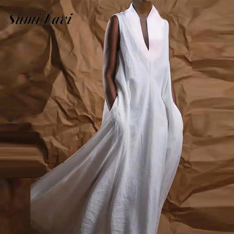 2023 Elegant Women Linen Pocket Big Hem Dress Casual Solid Color V Neck Loose Party Dress Bohemian Ladies Sleeveless Long Dress
2023 Elegant Women Linen Pocket Big Hem Dress Casual Solid Color V Neck Loose Party Dress Bohemian Ladies Sleeveless Long Dress