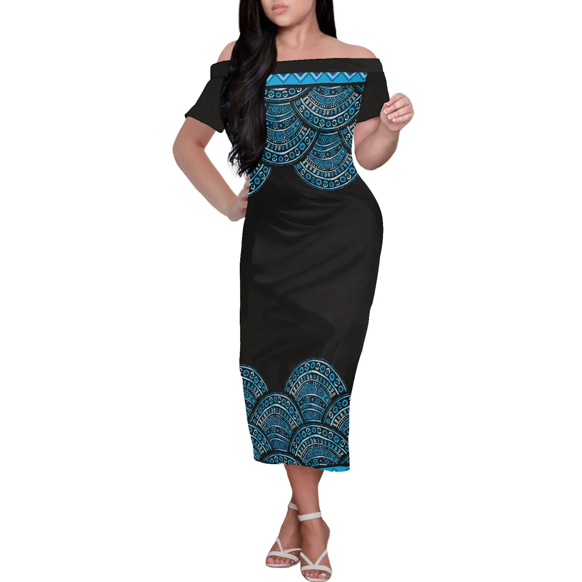 

Summer Polynesian Traditional Tribal Print Haute Couture One-Shoulder Dress Short Sleeve Formal Occasion Fashion Dress Banquet