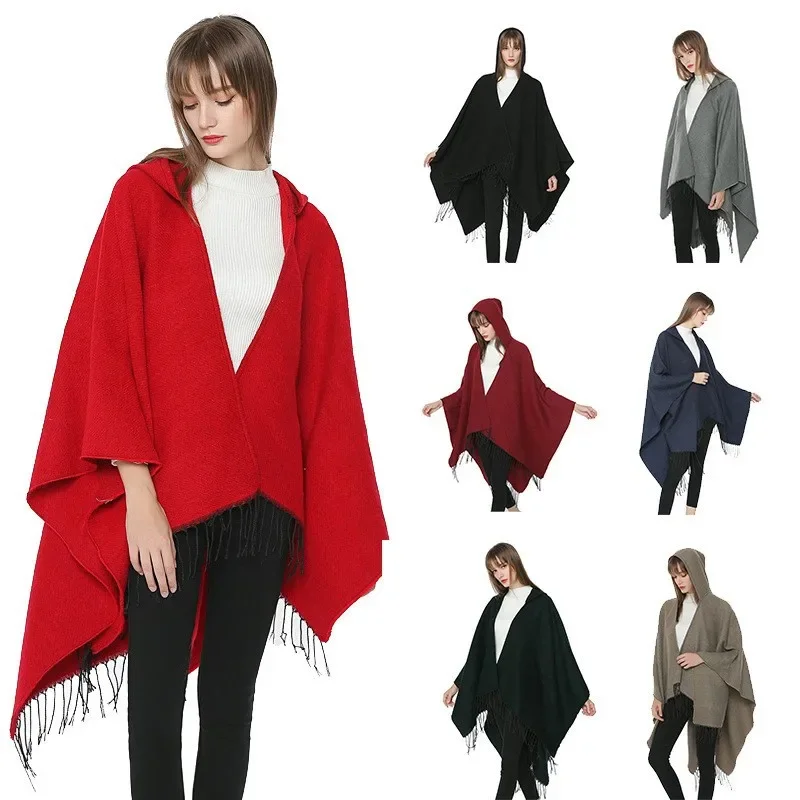

Women Autumn Winter Bohemian Faux Cashmere Out Streetwear Thickening Poncho Shawl Female Solid Color Loose Cloak Coat T193
