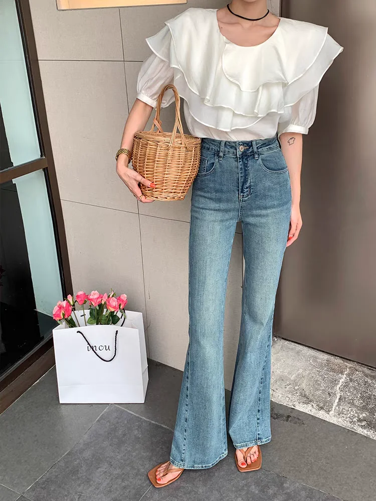 

Women's Vintage Street Style Blue Skinny Micro Flare Jeans Cool Girl High Waisted Bell-bottom Pants Female Thin Denim Trousers