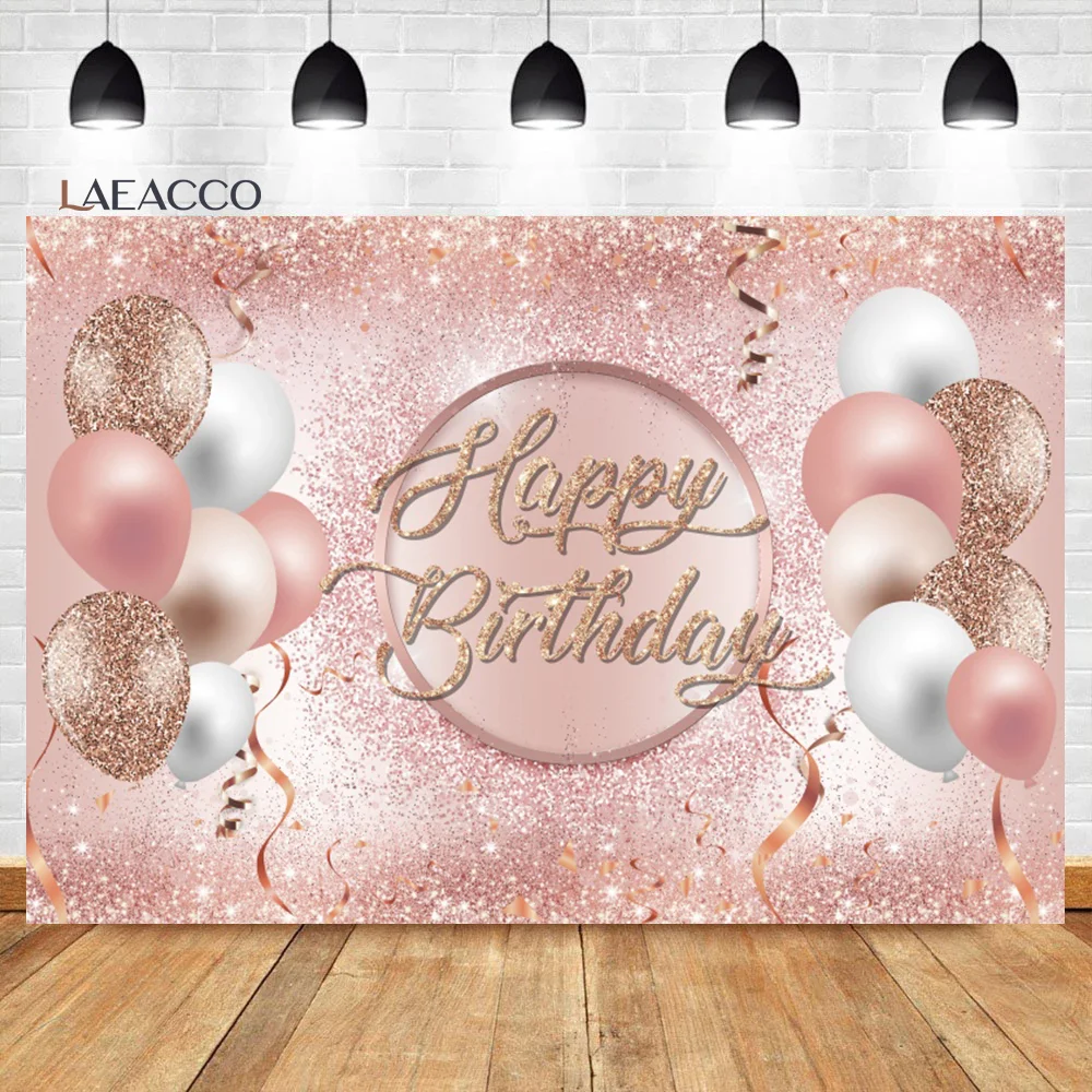 

Laeacco Pink Rose Golden Birthday Party Backdrop Glitter Diamonds Balloons Sweet Girls Birthday Portrait Photography Background