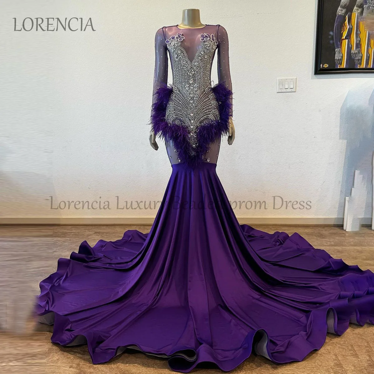 

Purple Prom Dresses Black Girl Beaded Feather Crystal Mermaid Evening Formal Party Gown Full 2024 Diamond vestidos de gala