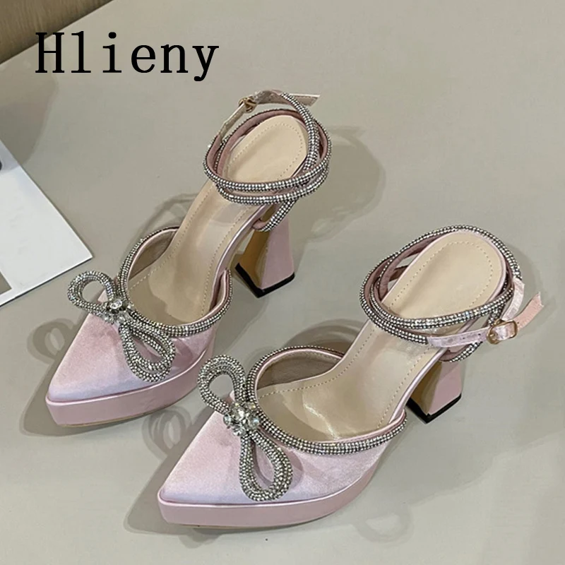 

Hlieny 2024 Spring Autumn Women Pumps Fashion Platform Pointed Toe Butterfly-Knot Crystal Party Shoes Ankle Buckle Strap Sandals