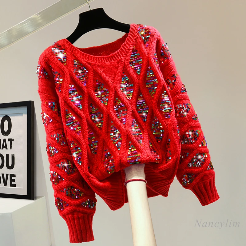 Colorful Sequined Long-Sleeved Sweater Woman 2023 Autumn and Winter Korean Style Loose Red Casual Round Neck Rhombus Sweater
Colorful Sequined Long-Sleeved Sweater Woman 2023 Autumn and Winter Korean Style Loose Red Casual Round Neck Rhombus Sweater