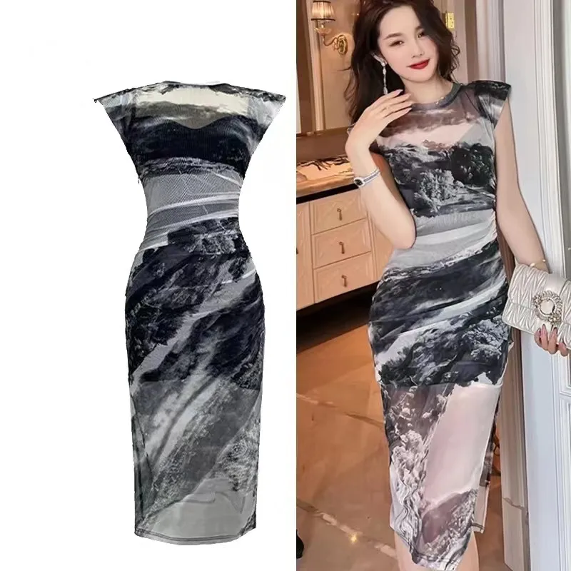2023 Korean New Elegant Women Evening Ink printing Dress Casual Vintage Sexy See Through O Neck Slit Midi Party Vacation Robe
2023 Korean New Elegant Women Evening Ink printing Dress Casual Vintage Sexy See Through O Neck Slit Midi Party Vacation Robe