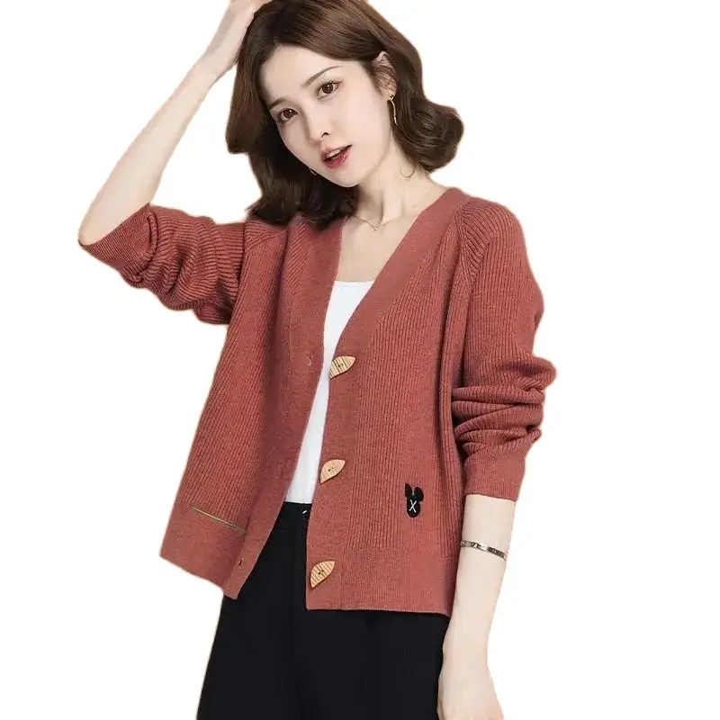 

Spring Autumn Short Sweater Jacket Women 2024 New Loose V-Neck Knitwear Coat Fashion Horn Button Pure Colour Cardigan Top Female